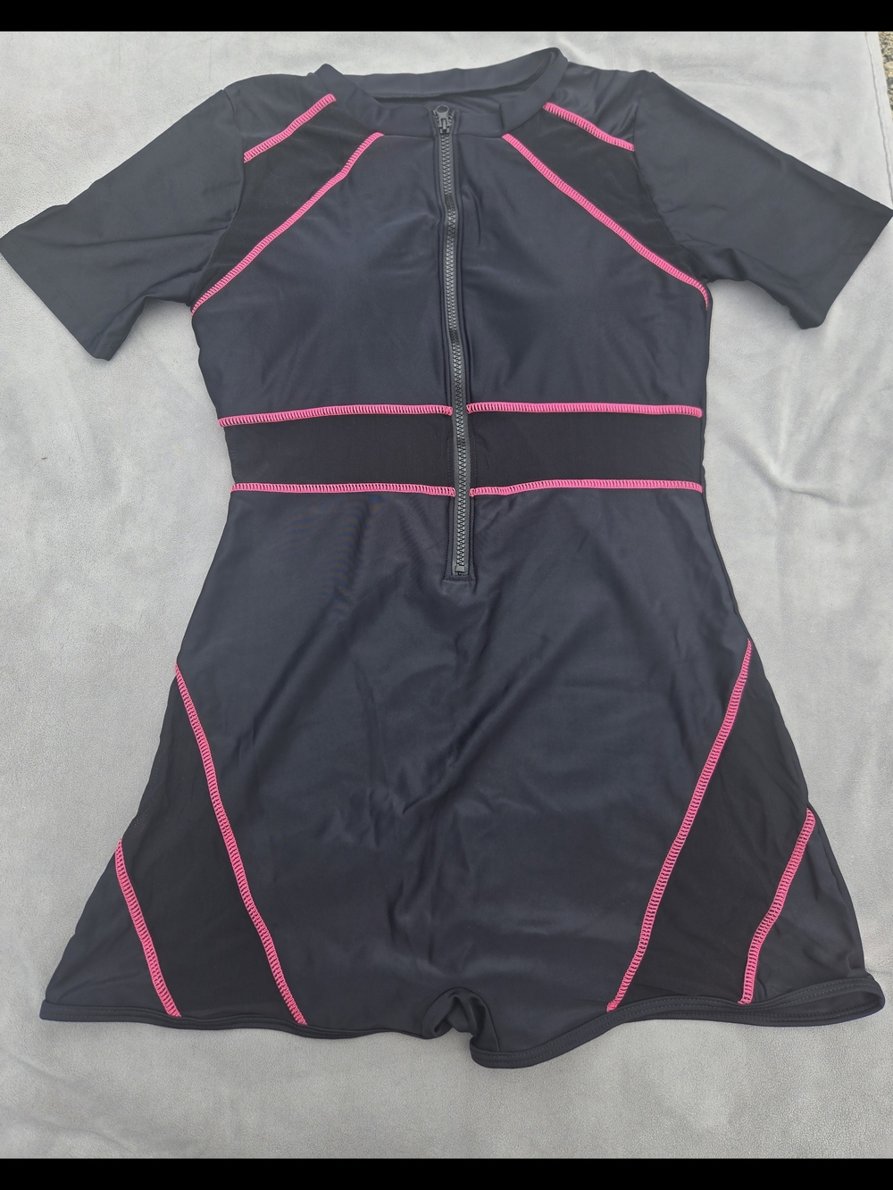 Black One-Piece Swimsuit with Pink Trim - Front Zip - NEW